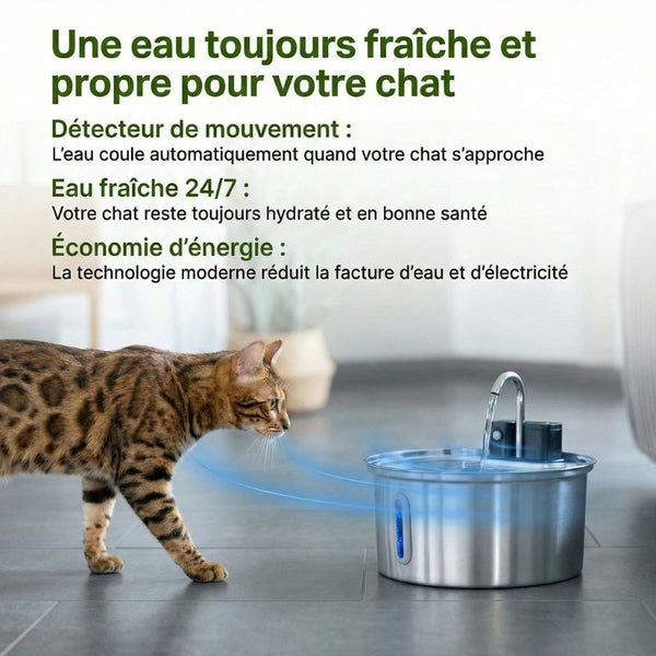 Fontaine à eau pour chat sans fil 3,2L Inox avec Capteur de Mouvement | VELA